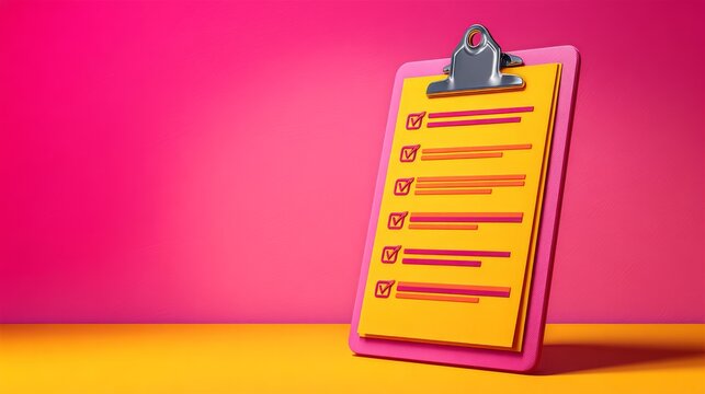 Vibrant clipboard with checklist on vivid pink and orange background