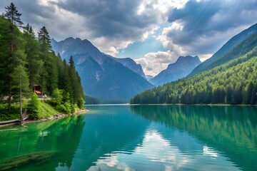 Stunning landscape featuring a serene lake surrounded by lush green forests and majestic mountains under a cloudy sky.