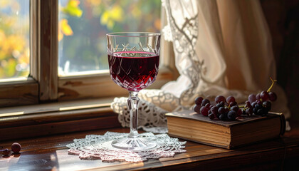 Fototapeta premium Elegant glass of red wine placed on a lace cloth beside grapes and a book on a wooden windowsill, with sunlight creating a cozy vintage atmosphere.