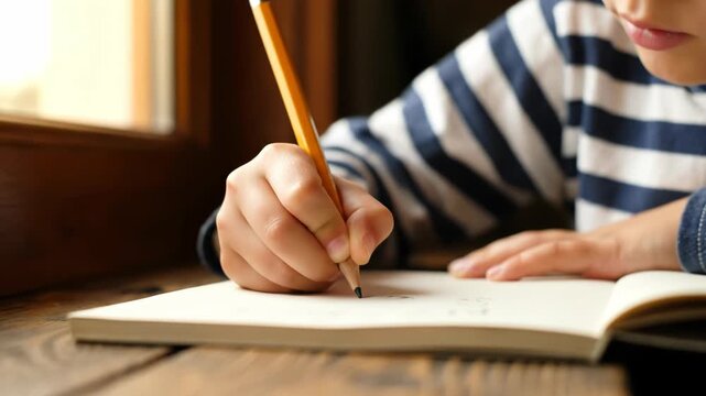 Closeup of a childs hand writing with a pencil in a notebook vector illustration