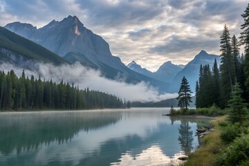 A tranquil mountain lake reflects a dense evergreen forest and majestic peaks under a cloudy, misty morning sky.