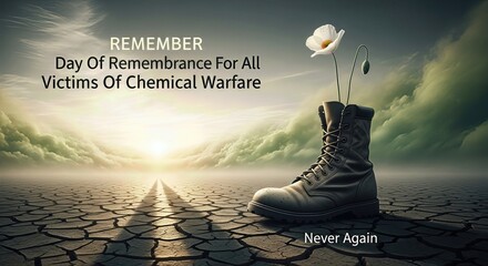 Commemorating all victims of chemical warfare. A fragile white poppy ascends from a weathered military boot resting on barren, cracked ground beneath a luminous dawn sky.
