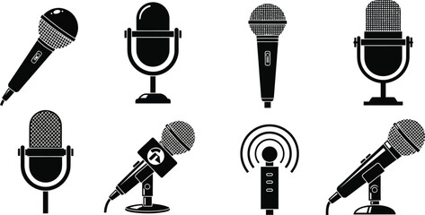 Set of microphone icons. Microphones and megaphones broadcasting icons vector 