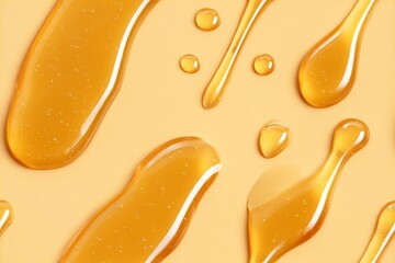 Seamless pattern of yellow caramel syrup splash on a yellow backdrop. Abstract food sweet viscous liquid for wallpaper, background, texture, cover, print.