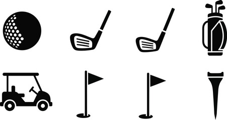 Fototapeta premium Golf ball, golf clubs, golf bag, golf cart, golf flagstick and hole, golf tee icons vector illustration 