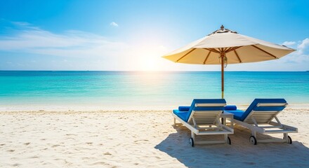 White sand beach with turquoise ocean and blue sky on a sunny day. Paradise landscape for summer vacation, holiday travel, or tropical resort getaway.
