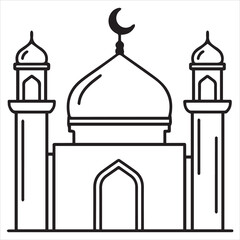 Simple line drawing of a mosque with dome and minarets


