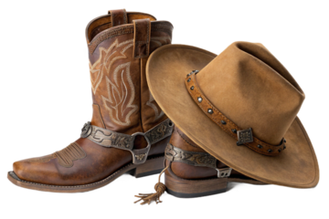 A pair of brown leather cowboy boots with decorative stitching and spurs next to a matching suede hat, isolated on a white background.