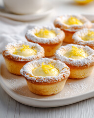 Lemon tartlets on rustic plate with lemon zest
