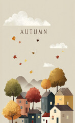 Autumn house poster with colorful fall foliage
