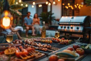 Evening gathering in backyard, friends enjoying a barbecue under lights