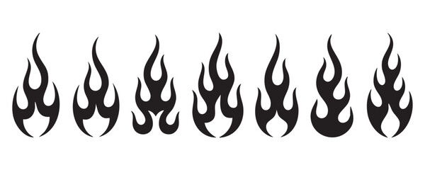 Black Flame Icon Set. Tribal Fire Symbol, Flame Silhouette, Hot Fire Graphic Elements, Tattoo Design, Burning Energy, Heat, and Passion Vector Collection for Logos, Stickers, and Graphic Design