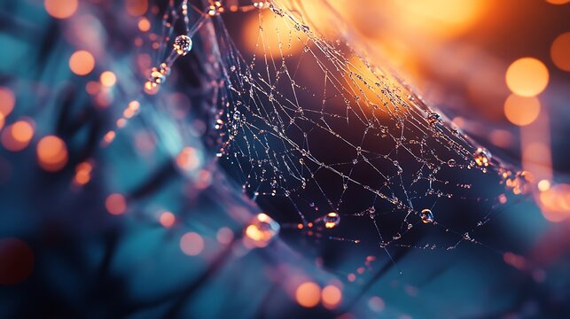 Delicate Dewdrop Web: A close-up of a mesmerizing spider web glistening with dewdrops. The web shimmers against a blurred backdrop of soft colors and bokeh lights.