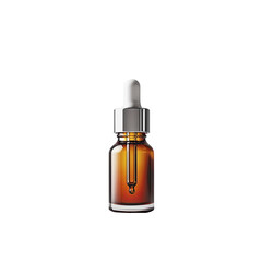 Fototapeta premium Small amber dropper bottle on dark backdrop, filled with a gold liquid