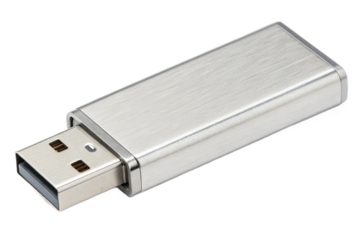 Close-up shot of a silver USB flash drive with a rectangular shape, isolated.