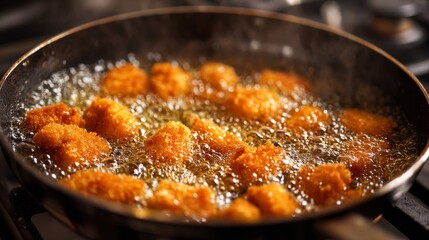Popcorn chicken fries in hot oil, golden-brown, bubbles rise, crisp texture in cooking motion.