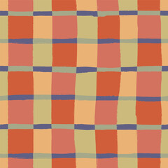 Vector abstract seamless pattern with blue, red and green wavy checks. Hand painted illustration for design, print, fabric or background.