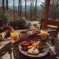Cozy and Scenic Breakfast for Two Served on a Rustic Wooden Porch