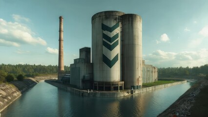 Abandoned industrial complex by a canal.  Gray silos and factory buildings reflected in calm water.  Forest backdrop