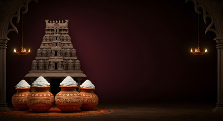 Elegant 3D Render of Pongal Pots Before a Grand Temple in a Dark Room