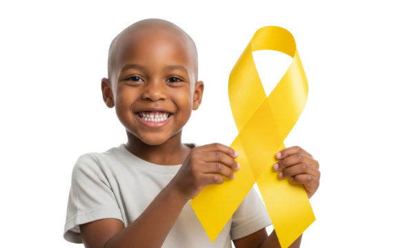 Bald African American boy holding yellow ribbon symbol on transparent background. Childhood Cancer Awareness Month. Banner PNG for bone cancer, hospital support concept with copy space.