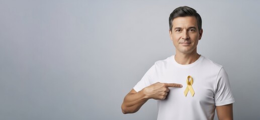 Сaucasian man stands with a yellow ribbon on a white t-shirt, pointing at it. Banner template for childhood cancer awareness month concept and support for disease patients.