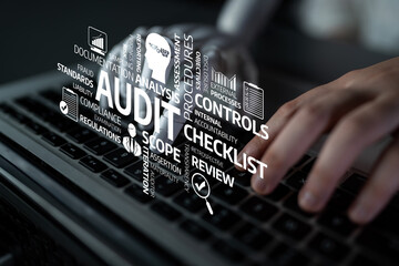 This image illustrates an audit process, featuring a checklist and various keywords related to...