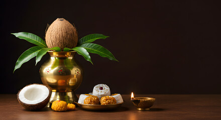Hindu Puja Offering with Coconut on a Kalash and Sweet for a Traditional Festival on Dark Background