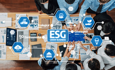 A dynamic scene showcasing a team of professionals engaged in a business meeting focused on ESG principles, exploring green strategies and sustainability initiatives. Amity