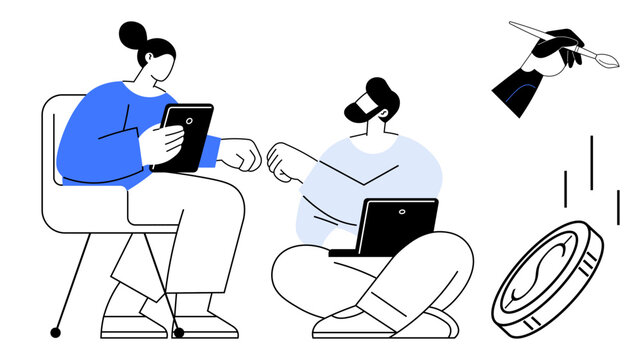 Two individuals exchanging ideas while using digital devices, surrounded by creative tools and falling coins. Ideal for teamwork, brainstorming, productivity, innovation, communication, creativity