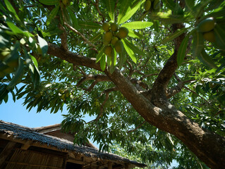Lush tropical tree with fruit against a radiant blue sky backdrop
