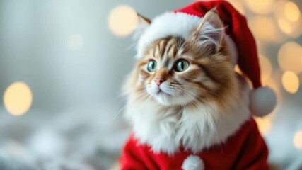 Festive cat in santa hat with bokeh lights celebrating christmas - Powered by Adobe