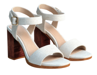 White fabric heeled sandals with wood block heels and ankle straps