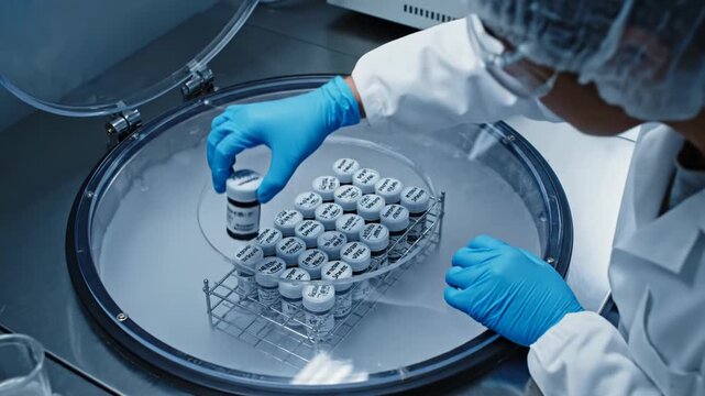 Scientist in lab coat and gloves carefully removes vials from a cryogenic freezer for research and development in a modern laboratory vector illustration