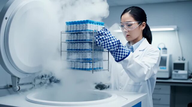 Asian female researcher in protective gear places rack of samples into a laboratory freezer for preservation and scientific study vector illustration