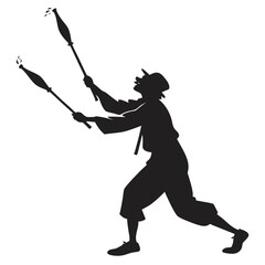 Clown juggling fire torches silhouette
