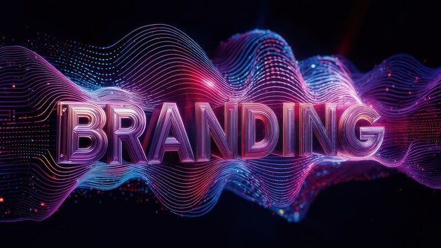 Abstract branding concept.  Vibrant, 3D text "Branding" is highlighted by dynamic, swirling, multicolored lines and particles