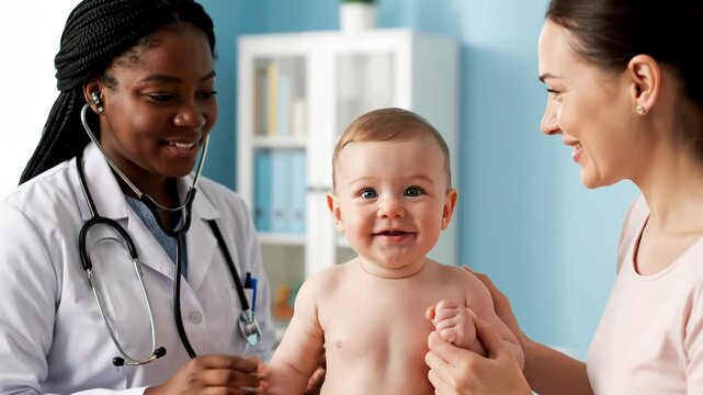 A smiling female doctor in a white coat and stethoscope examines a baby with a stethoscope while the mother looks on vector illustration