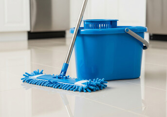A blue microfiber flat mop and matching mop bucket sit on a clean, glossy tiled floor in a modern kitchen or bathroom, symbolizing housework and cleaning