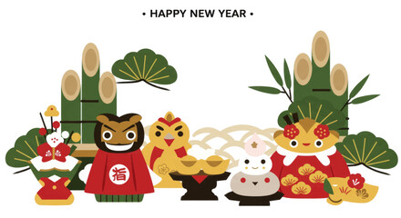 Happy New Year Decorative Japanese Festive Ornaments and Bamboo for Cultural Celebration and Festive Greetings