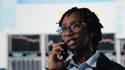 Woman doing telephone call with shareholders, talking about business market graphs, doing brainstorming. Team leader chatting with partners in call about financial reports, camera B - Powered by Adobe