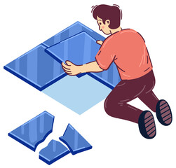 A Man Kneeling Down Installing Blue Square Floor Tiles with Broken Pieces on a Transparent Background Creating a Geometric Pattern