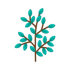 A Small Branch with Teal Leaves and Brown Stems Isolated on a Transparent Background Detailed Natural Element
