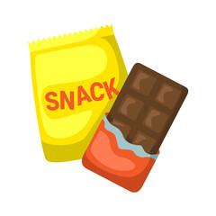 A Square Chocolate Bar Partially Unwrapped Next to a Bright Yellow Snack Package with Red Text Isolated on a Transparent Background