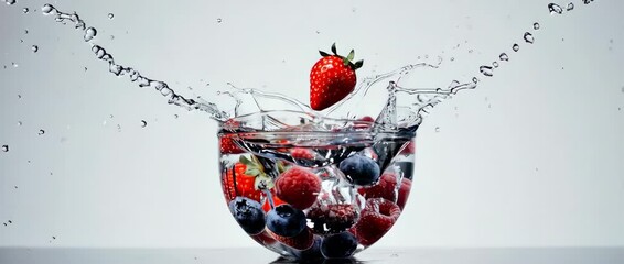 Mixed berries falling into water, creating an elegant splash. The white background emphasizes the vibrant colors. Healthy and refreshing. - Powered by Adobe
