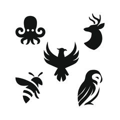 Obraz premium Collection of Five Silhouette Animals Octopus, Eagle, Deer, Bee, and Owl