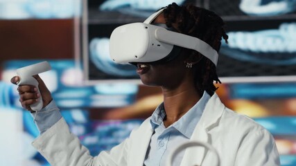 Close up of researcher looking at CT scans using VR headset gear. Female scientist analyzing neurology research charts using virtual reality technology, looking at pictures of human organs - Powered by Adobe