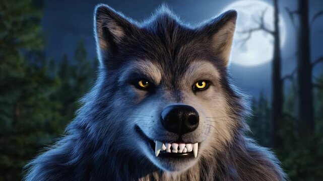 A formidable nocturnal wolf creature with glowing yellow eyes and bared fangs grins under luminous full moon in moonlit forest
