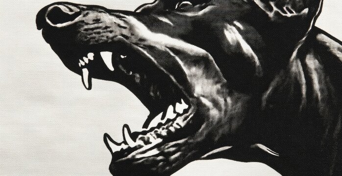 Close-up monochrome image of a snarling dog with bared teeth and aggressive posture