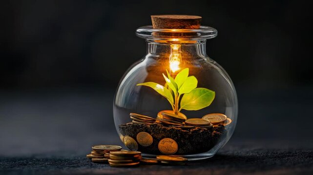 Luminous seedling flourishes within glass jar, surrounded by gleaming currency, symbolizing financial cultivation and future prosperity